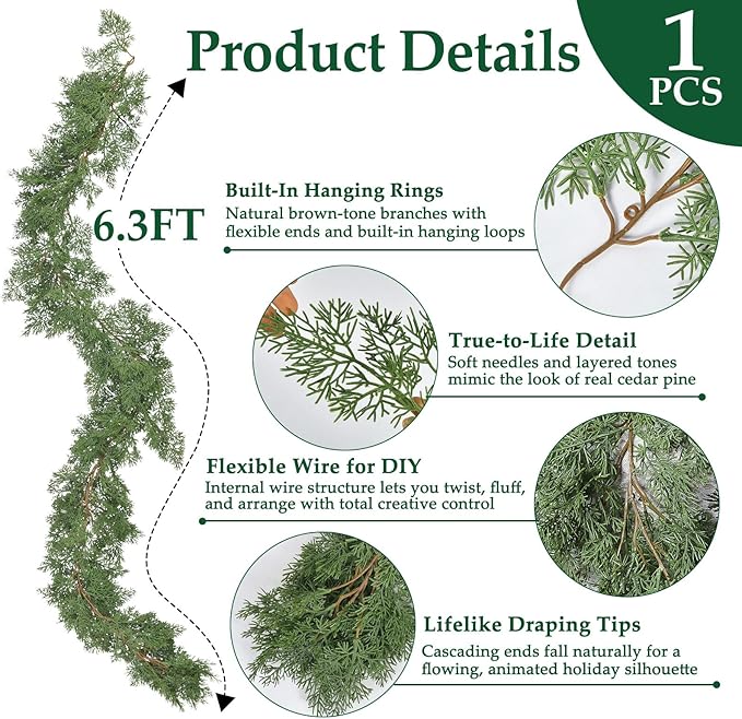 6.3FT Christmas Garland Real Touch Artificial Cedar Cypress Greenery Soft Pine Needles Realistic Faux Green Garland for Mantle Fireplace Table Wall Indoor Christmas Decorations