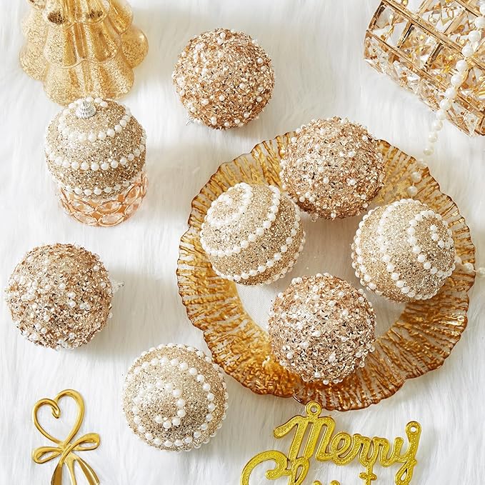 Champagne Gold Christmas Ball Ornaments,12ct Christmas Tree Shatterproof Plastic Hanging Sequin Xmas Balls for Festivals Holiday Party Decorations(70mm/2.76")