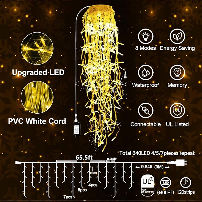 65 FT 640 LED Christmas Lights Outdoor Decorations Clear Wire String Lights Plug in 120 Drops 8 Modes Memory Timer Connectable Curtain Fairy Lights Waterproof for Holiday Wedding Party-Warm White