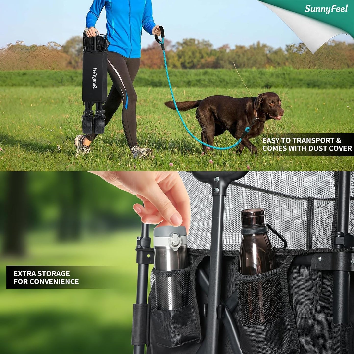 SUNNYFEEL 550L Large Capacity Folding Sports Wagon, 550LBS Heavy Duty Collapsible Cart,Extra High Extender Wagon Cart with Tailgate, All-Terrain Big Wheels for Camping Fishing & Outdoor Use，Black