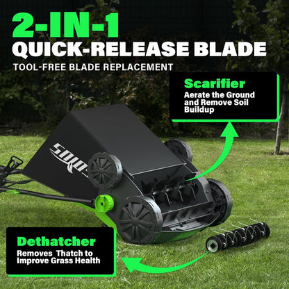 SOYUS 15-Inch 13-Amp Electric Dethatcher and Scarifier with 45L Removable Thath Collection Bag, Corded Lawn Dethatcher with 5-Position Depth Adjustment, Quick-Fold, Increases Lawn Health
