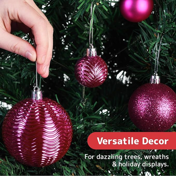 Prextex 36-Pieces Fuchsia Pink Christmas Ornaments Set - Shatterproof, Festive Christmas Balls Decorations in 3 Sizes and 6 Styles with Hanging Loops for Tree, Wreath, and Dazzling Holiday Party Decor