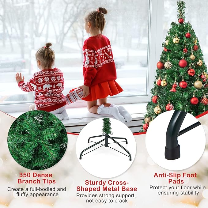 HAPPYGRILL 5 FT Unlit Artificial Christmas Tree, Luxuriant Verdant Realistic Xmas Tree with 350 PVC Branch Tips & Folding Metal Stand, Unlit Pine Tree for Festival Party