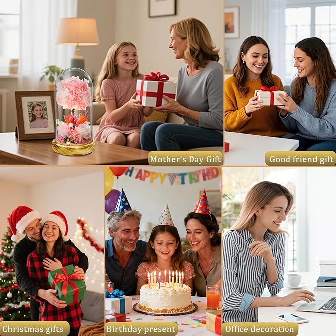 Christmas Preserved Flower Gifts with LED Lights, Pink Hydrangea and Rose Arrangement on Wood Base, 8 x 5.2 Inches, Battery Operated, No Watering Required Home Decor,All Occasions and All Festivals