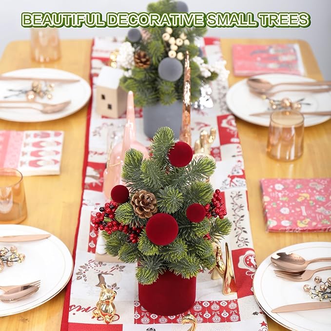 Small Christmas Tree, 12Inch Artificial Burgundy Velvet Ball Berry Mini Tabletop Christmas Decorations, for Home Party Thankgivings Xmas Indoor Decor.
