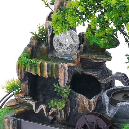 Stone Fountain Indoor Water Fountains Tabletop Waterfall Fountains Relaxing Landscape Atomizing Humidifier with Rockery Plants LED Light for Home Office Bedroom (E)