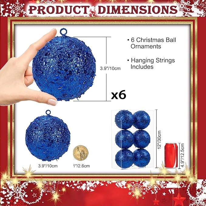 4" Large Christmas Balls Ornaments 6 Pcs Shatterproof Big Navy Blue Christmas Ornaments for Tree Glitter Big Xmas Tree Ornament for Xmas Halloween Holiday Wedding Party Decoration