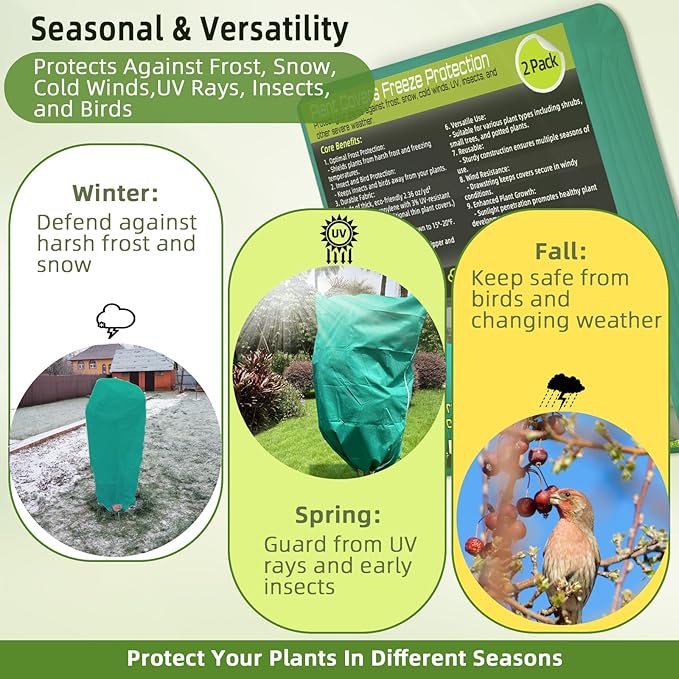 2 Pack Plant Covers Freeze Protection, 48"W x 72"H Winter Frost Blanket 2.36 oz/yd² Fabric Frost Cloth Tree Covers Shrub Jacket Bag with Zipper & Drawstring for Plants Fruit Tree Shrub Potted - Green
