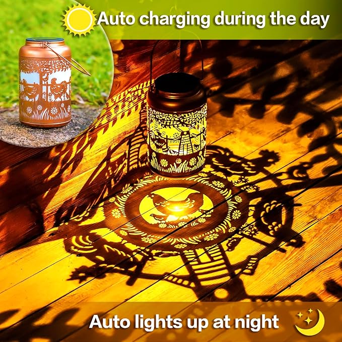 Chicken Solar Lanterns Outdoor Hanging Waterproof Solar Lights Chicken Gifts for Women Men Metal Rooster Decorative LED Lanterns for Outside, Patio, Landscape, Yard Decor, Garden Decorations