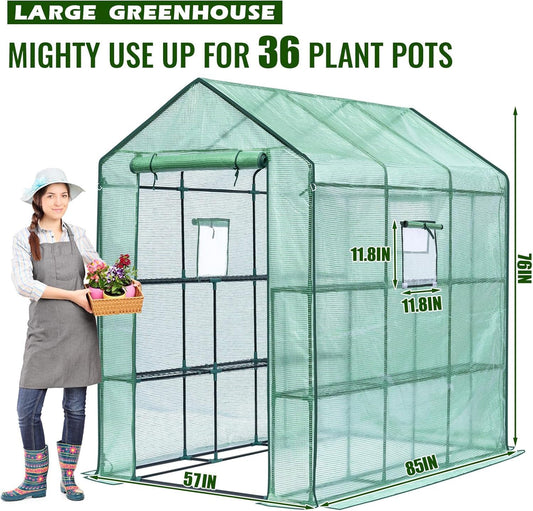 Greengro Greenhouse, 57 x 85 x 76'' Greenhouses for Outdoors, Portable Greenhouse Kit with Mesh Side Windows, PE Cover, 8 Shelves, Heavy Duty Walk in Green House for Backyard Garden Indoor Outside