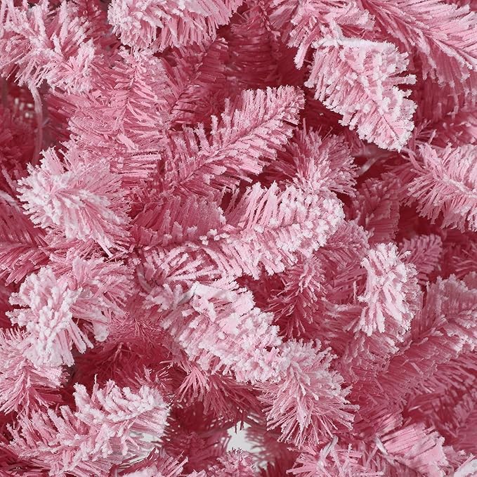 GarveeHome 7.5ft Pink Christmas Tree, Prelit Artificial Christmas Tree with Foldable Base, Snow Flocked Pencil Christmas Tree for Holiday Decoration