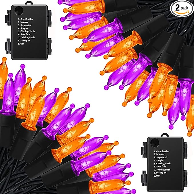 Orange Purple Battery Halloween Lights, 2 Pack 17ft Total 100 LED Mini String Light with 8 Modes Auto-Timer, Waterproof Tree Lights for Outdoor Indoor Xmas Holiday Wreath Garden Decor