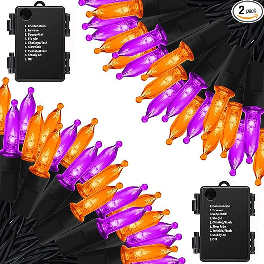 Orange Purple Battery Halloween Lights, 2 Pack 17ft Total 100 LED Mini String Light with 8 Modes Auto-Timer, Waterproof Tree Lights for Outdoor Indoor Xmas Holiday Wreath Garden Decor