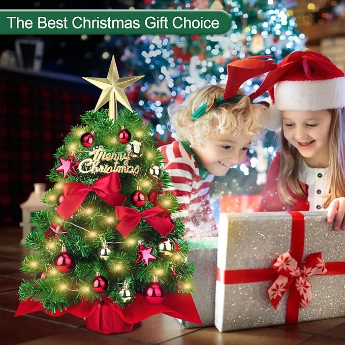 Mini Christmas Tree, Small Christmas Little Tree, Table top Tree 20”,Miniature Pine Artificial Xmas Tree with Ball Star Bowknot Ornaments for Holiday Season Desk Decoration Centerpiece