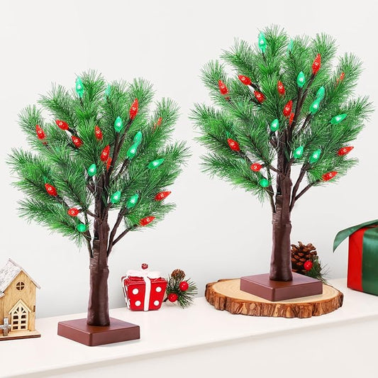 2 Pack Christmas Decorations Indoor Artificial Lighted Christmas Tree with C6 Strawberry,Total 48 LED Battery/USB Operated Pine Tree for Tabletop Fireplace Harvest Home Indoor Xmas Decor