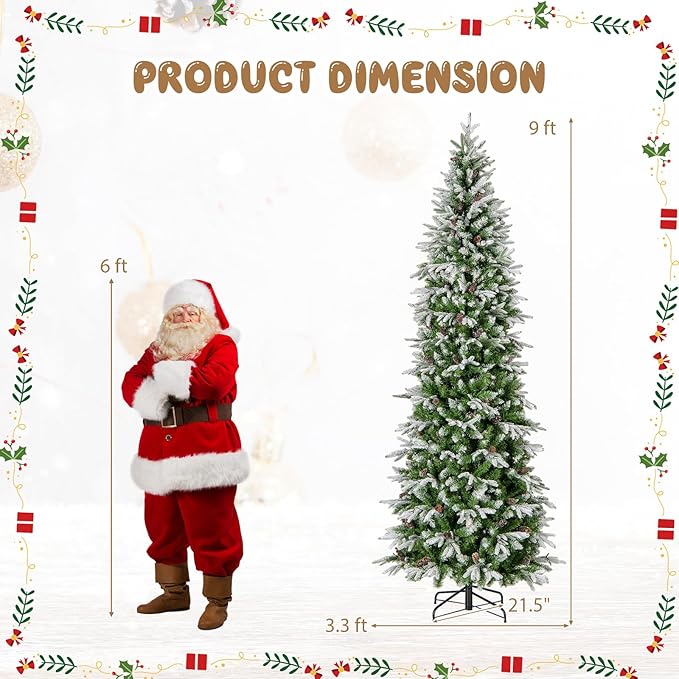 GOFLAME 9 FT Pre-Lit Pencil Christmas Tree Snow Flocked, Slim Artificial Xmas Tree with 1310 Branch Tips, 470 LED Lights, 98 Natural Pine Cones, Hinged Holiday Decoration Tree for Home Office