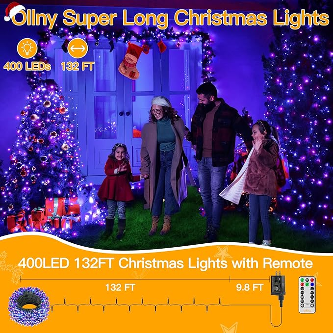 Ollny Halloween Lights 400LED 132FT, Remote Plug-in Blue & Purple Christmas Tree Lights with Timer and 8 Modes, Waterproof Outdoor/Indoor Decorations