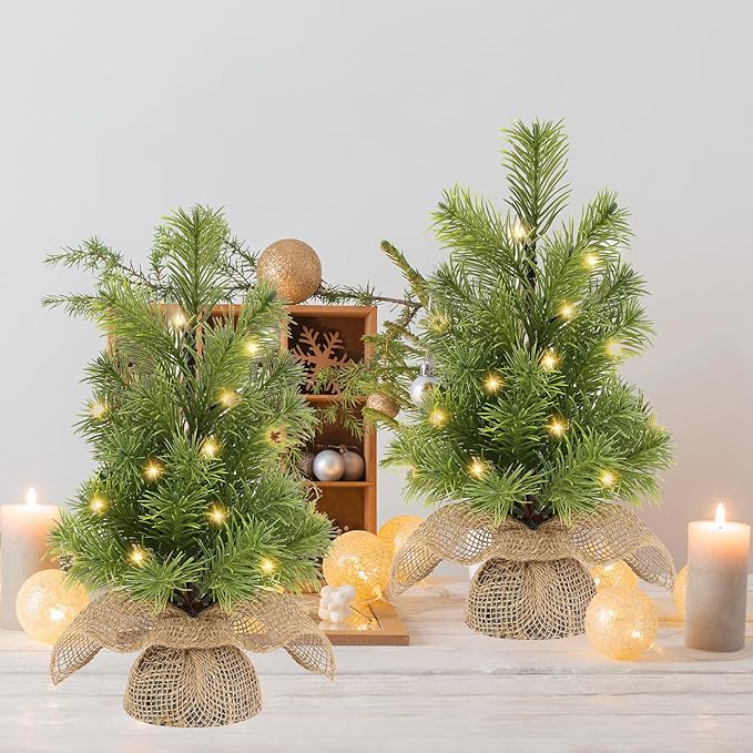 13 Inch Mini Christmas Tree with Lights, 2 Pack Prelit Tiny Xmas Trees,Battery Operated with Timer for Tabletop Desk Indoor Fireplace Office