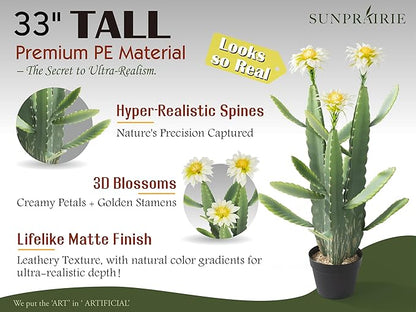 33 Inch Large Artificial Cactus with Lilly White Flowers in Pot with Natural Gravel. Satin Finish Leaves with Real Look and Feel. Outdoor and Indoor Faux Plants.