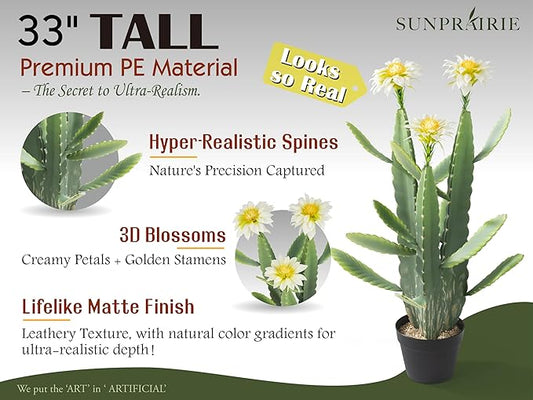 33 Inch Large Artificial Cactus with Lilly White Flowers in Pot with Natural Gravel. Satin Finish Leaves with Real Look and Feel. Outdoor and Indoor Faux Plants.