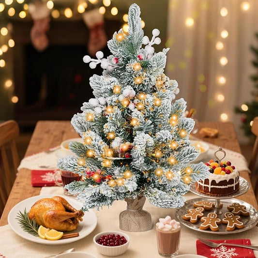ININ 2FT Pre-lit Mini Christmas Snow Flocked Tree,Tabletop Artificial Christmas Tree with LED Lights, Small Xmas Pine Tree with Cloth Bag Base for Christmas Decor.