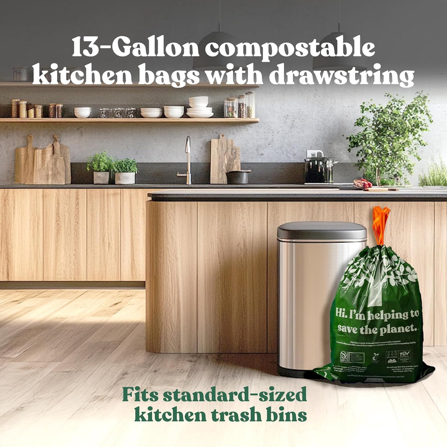 Healthy Earth 13 Gallon Compostable Trash Bags – Tall Kitchen Garbage Bags with Drawstring Handles, Extra Thick Plant-Based Liners, BPI & TÜV Certified ASTM D6400, Heavy Duty Leak-Proof (60 Count)
