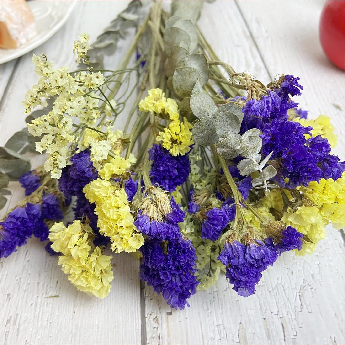L'BREVOGA Dried Flower Bouquets, Purple and Yellow Statice Sea Lavender with Eucalyptus, 100% Natural Flowers for Decoration Home Party- Purple/Yellow, 13 inches