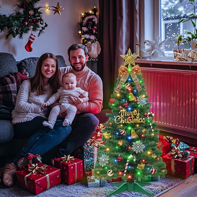 Remote Control-3 FT Artificial Mini Christmas Tree,Tabletop Small Christmas Tree with 50 Warm White & Multicolor Changing Lights Timer 8 Modes DIY Ball Ornaments,Home,Office,Indoor Holiday Decoration