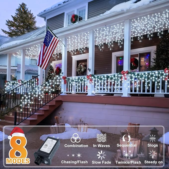 KNONEW Christmas Lights Outdoor Decorations 400 LED 33ft 8 Modes Curtain Fairy String Light with 75 Drops, Clear Wire LED String Light Decor for Wedding Party Holiday Christmas Decorations(Cool White)