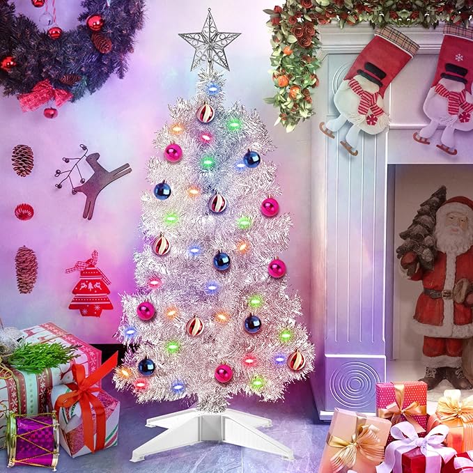 [Remote Control & 12 Modes] SURCVIO 3 Ft Christmas Tree with Timer 50 Four Color LED Lights DIY 15 Ball Ornaments Star Artificial Xmas Tree Indoor Outdoor Home Holiday Decorations (Silver)