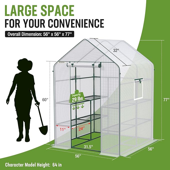 WORKPRO Greenhouse, 56” x 56” x 77” Heavy Duty Walk in Greenhouses for Outdoors with Screen Windows, Thicken PE Cover, 3 Tier 8 Shelves Portable Green House Kit for Patio, Backyard and Porch