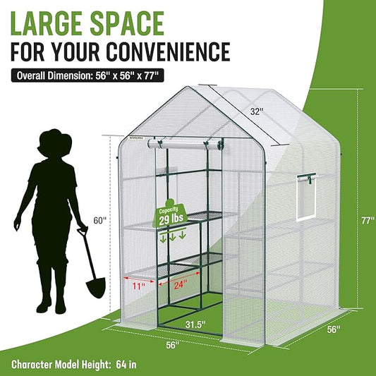 WORKPRO Greenhouse, 56” x 56” x 77” Heavy Duty Walk in Greenhouses for Outdoors with Screen Windows, Thicken PE Cover, 3 Tier 8 Shelves Portable Green House Kit for Patio, Backyard and Porch