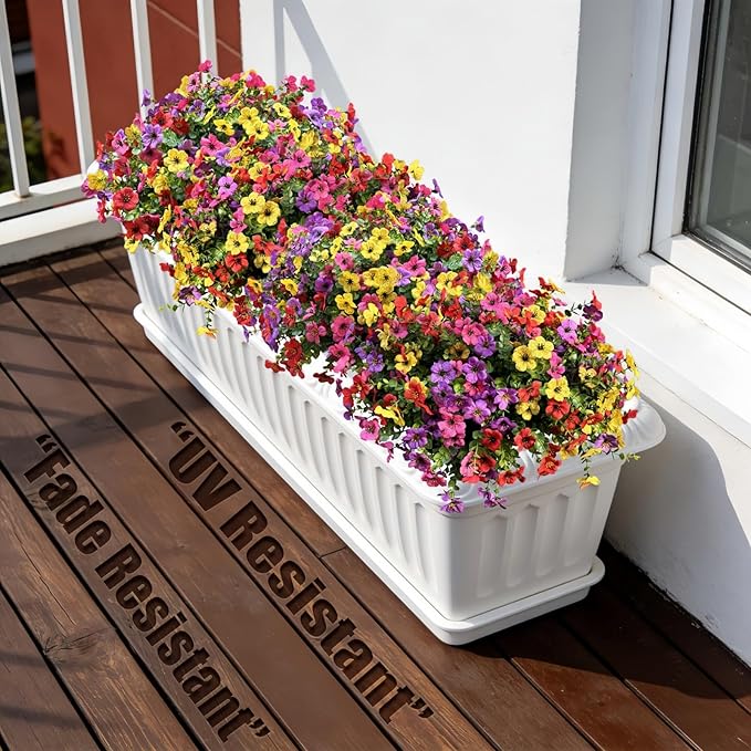 Artificial Flowers Outdoor UV Resistant Fake Plants, 12 Bundles Silk Daisy in Pots for Porch Patio Garden, Faux Potted Home Decor for Outside (Mix Pink, Red, Purple, Yellow)