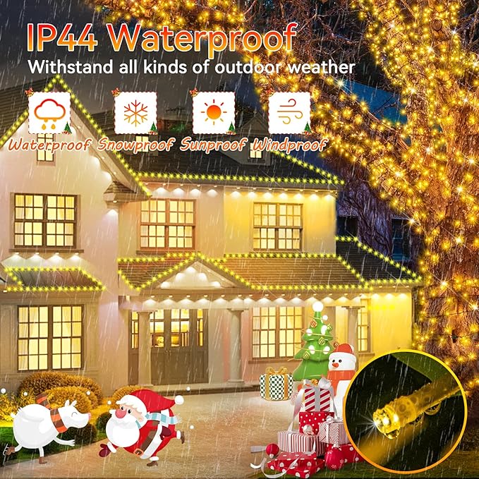 Hezbjiti 1000 LED 403 FT Christmas String Lights Outdoor, 8 Lighting Modes IP44 Waterproof Fairy Lights with Timer and Dimmable Function for Home Party Tree Decorations (Warm White, Clear Wire)