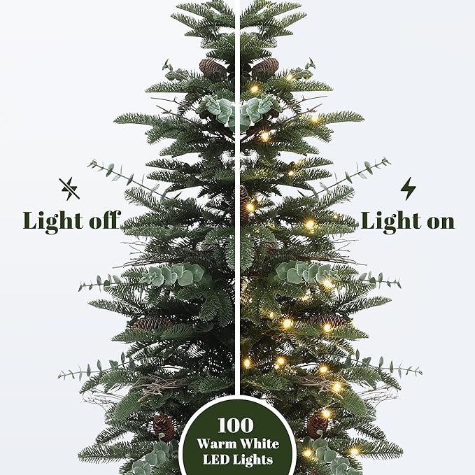 LuxenHome 4FT Small Christmas Tree, Slim Potted Christmas Trees with 100 Warm White LED Lights, Artificial Pine Tree with Pine Cone and Black Round Base, Faux Tree for Holiday Decorations