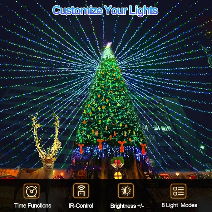 200 FT 500 LED Christmas Lights Outdoor Fairy Lights Plug In Extra Long String Lights Clear Wire Waterproof 8 Modes Timer for Outside House Tree Garden Yard Wedding Party Decorations-Blue & Green