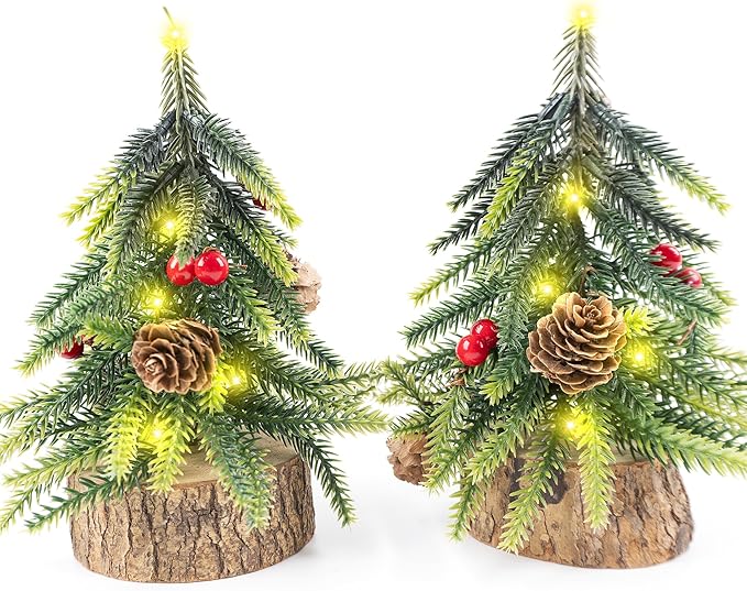 2 Pack Artificial Christmas Tabletop Mini Pine Trees, 6.5 in Tall Lighted Holiday Decorations with Wooden Base, Red Berries, Pine Cones for Home Table Windowsill Office Desk Desk Mantel