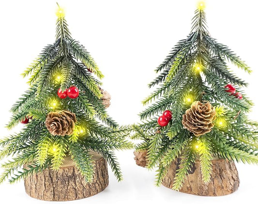 2 Pack Artificial Christmas Tabletop Mini Pine Trees, 6.5 in Tall Lighted Holiday Decorations with Wooden Base, Red Berries, Pine Cones for Home Table Windowsill Office Desk Desk Mantel