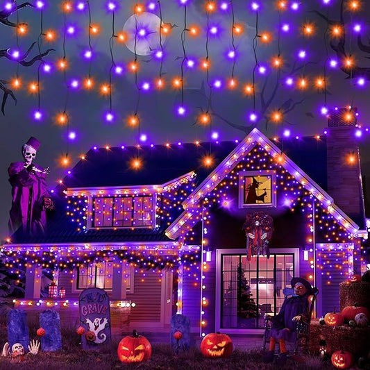 Heceltt Halloween Lights Outdoor Decorations, 640 LED 66FT Orange and Purple Light, 8 Modes Plug in 120 Drops Ice String Lights with Timer Memory Function Hanging Light for Halloween Party Decor