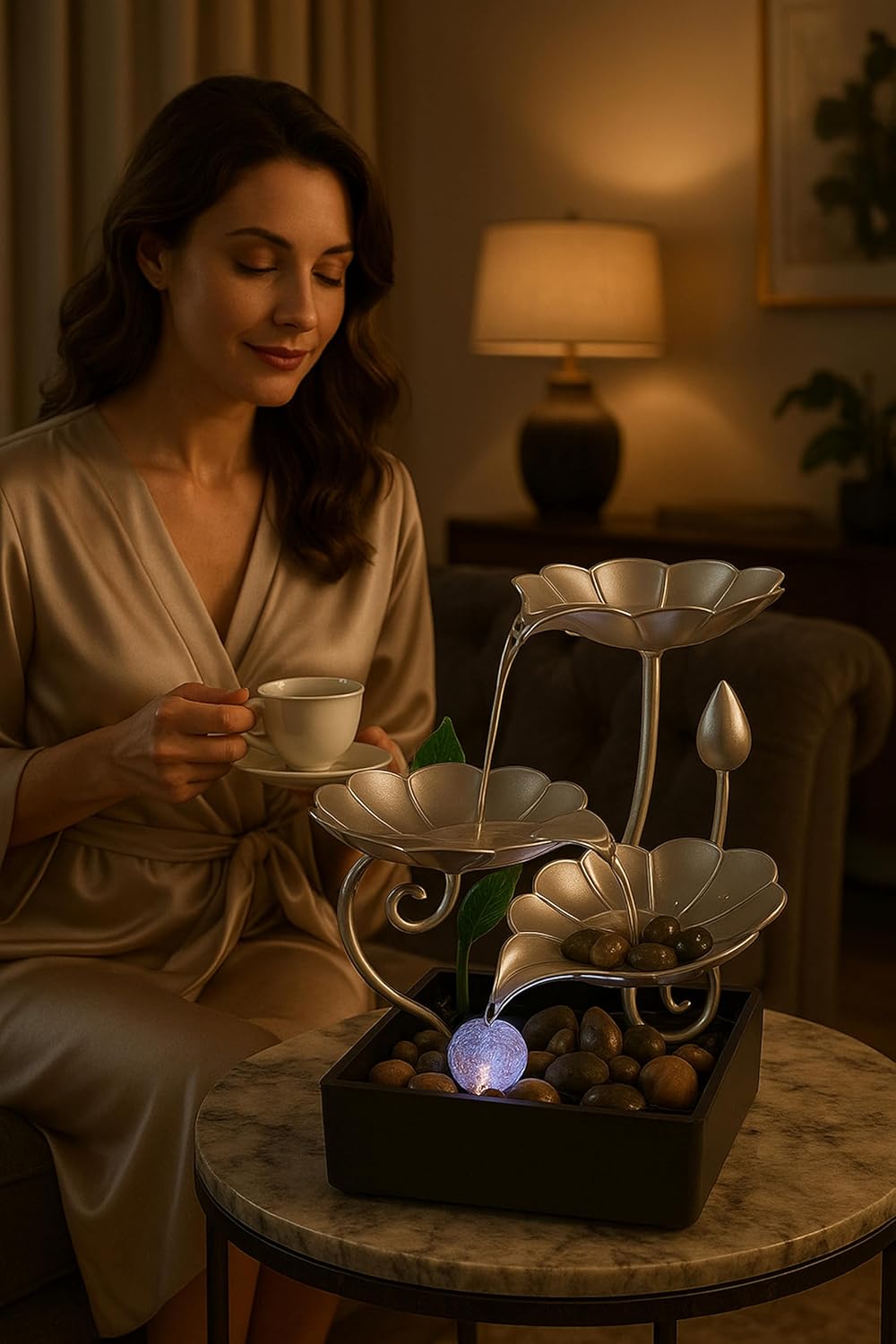 Tabletop Water Fountain with LED Light – Indoor Zen Décor with 3-Tier Design, Natural River Stones for Office, Home 8inch Tall