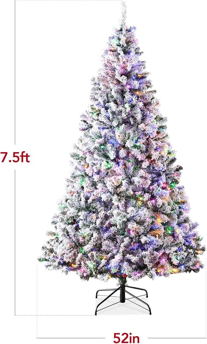 Best Choice Products Pre-Lit Artificial Christmas Tree 7.5ft Snow Flocked Pine Tree, 2-in-1 White and Multicolor LED Lights, Full Snowy Appearance