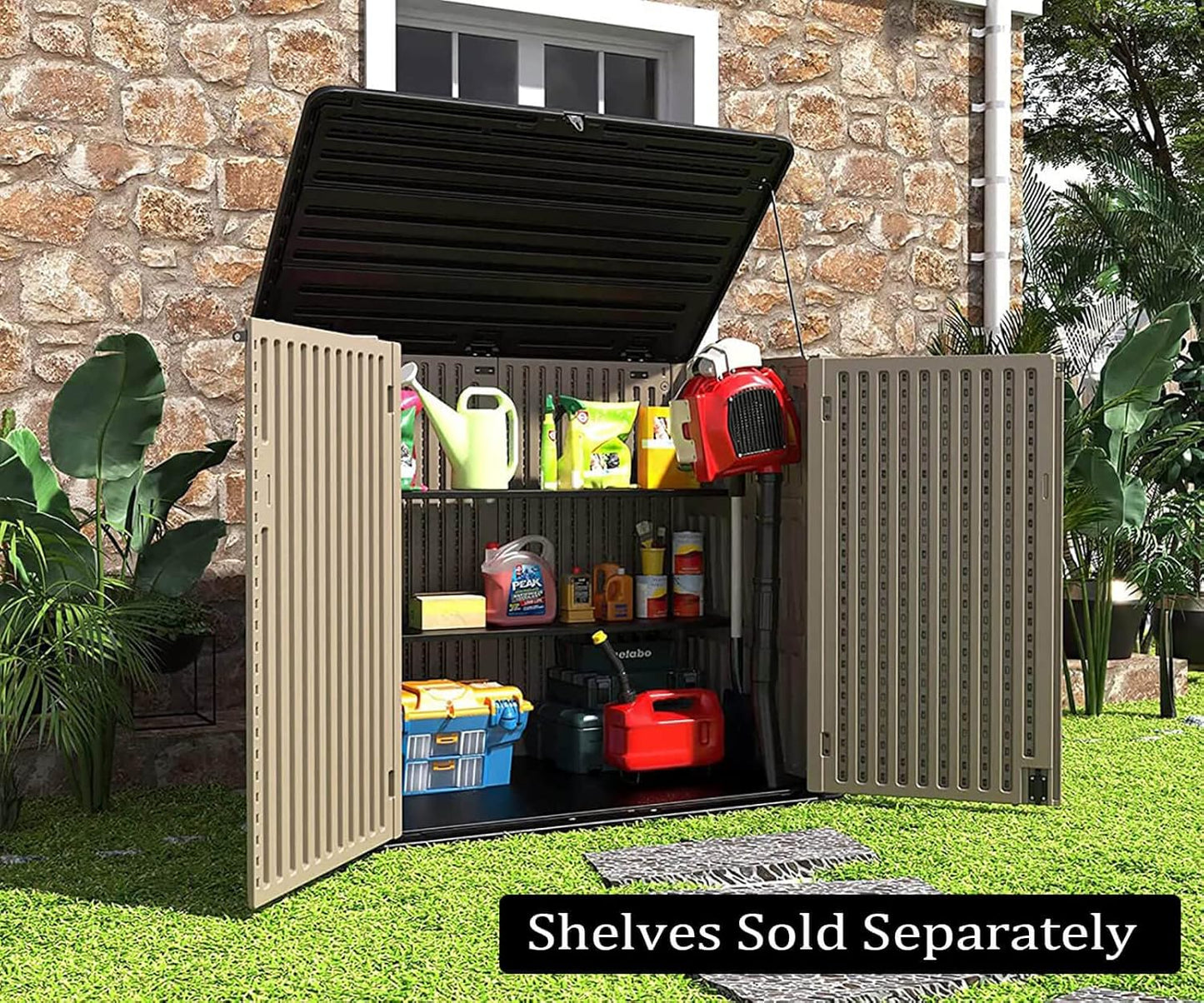 HOMSPARK Storage Shed Weather Resistance, Multi-Purpose Outdoor Storage Cabinet for Backyards and Patios, Horizontal Storage Shed for Lawnmower, Patio Accessories (Coffee, X Large - 48 cu.ft)