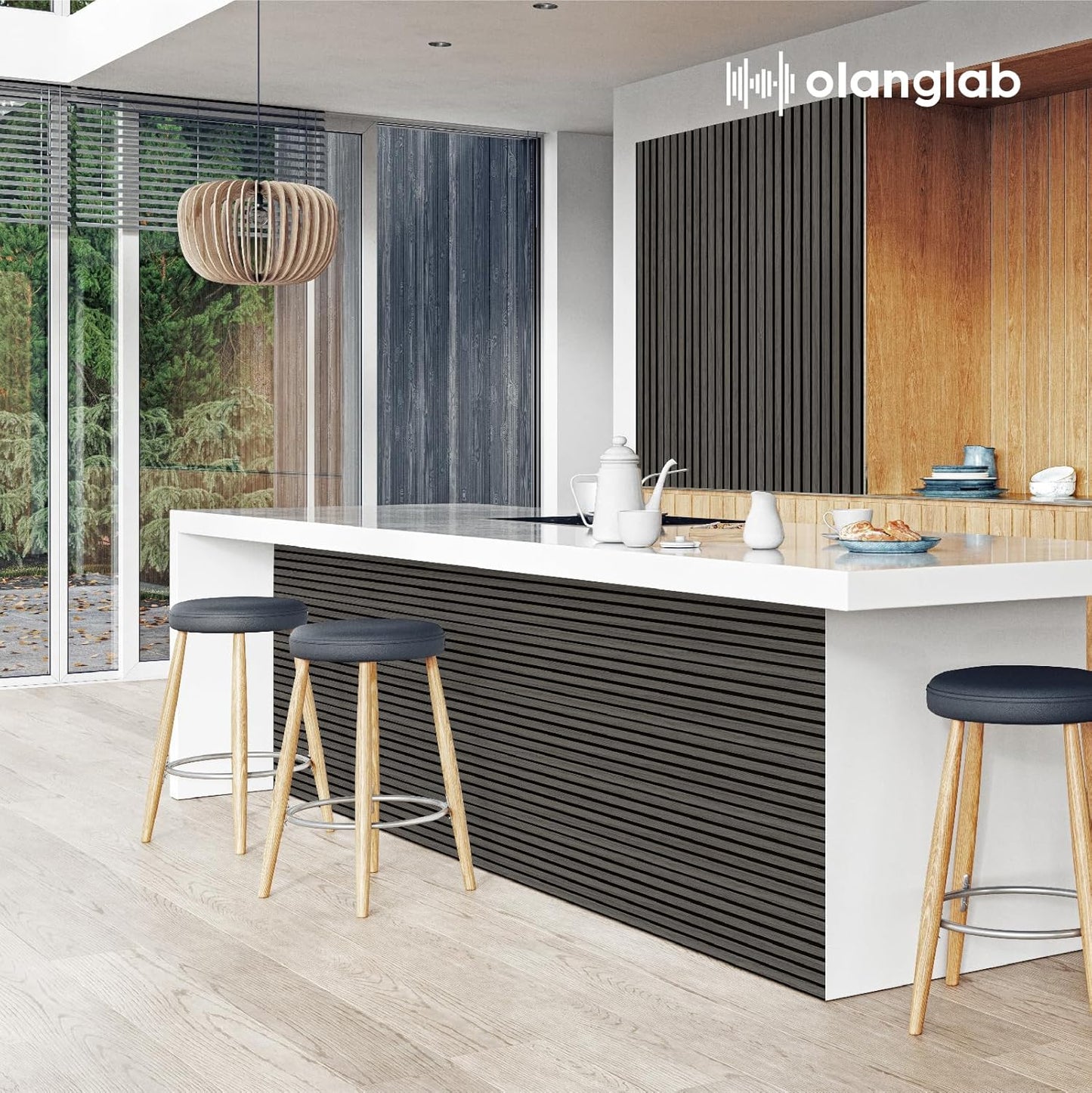 Olanglab Wood Slat Wall Panels 4 Pack, Wooden Acoustic Wall Panels, 94.5"x12.6" Each 3D Wall Panels for Interior Wall Decor (Black-Extendo Trio)