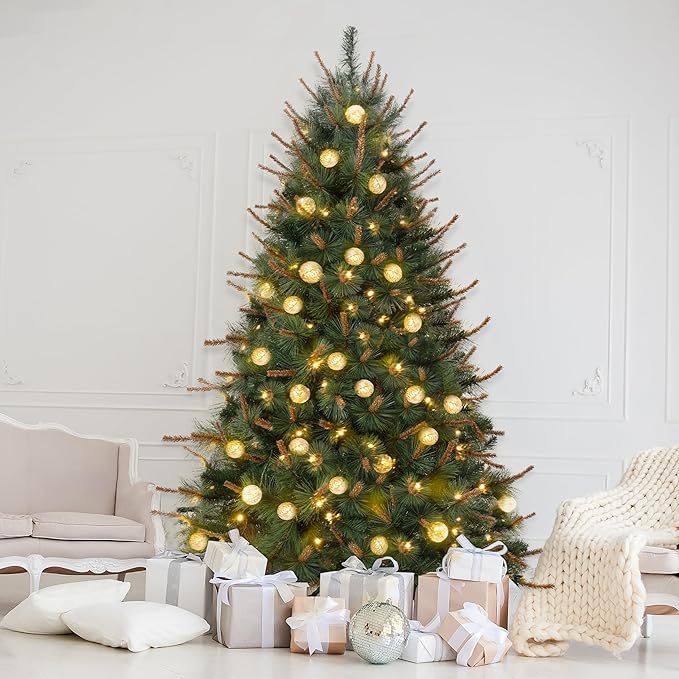 Selena 7.5ft Prelit Artificial Christmas Tree with 1209 Branch Tips, 400 Warm Lights and Metal Stand, 50" Wide Realistic Withered Christmas Tree with Lights by Naomi Home