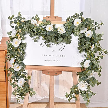 Dolicer 2 Packs 6.56Ft Eucalyptus Garland with Flowers - 8 White Roses, Artificial Flower Fake Rose Vine Faux Greenery for Wedding Backdrop Arch Table Wall Party Home Decor, Grey Green