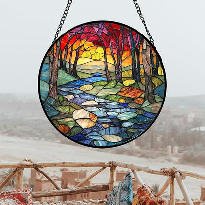 Stained Glass Window Hanging, Red Tree Abstract Sunset Lake Sun Catcher for Window Home Decor Landscape Suncatcher Mother's Day Birthday Gifts for Women Men Mom and Nana 6.3 in