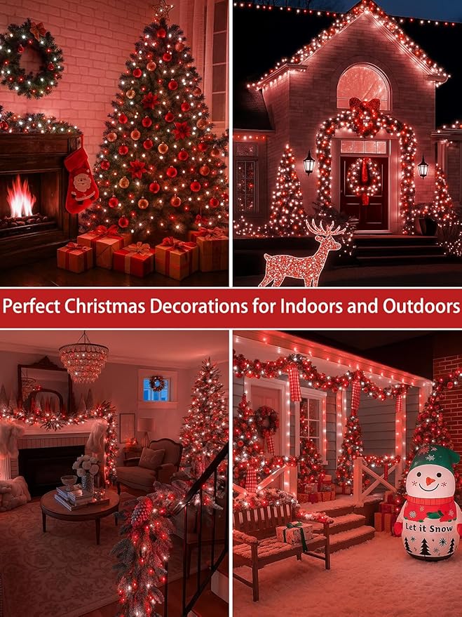 2-Pack 66FT 200 LED Christmas Lights, 13 Modes Extendable Christmas Tree Lights with Timer & Memory, Waterproof Twinkle Fairy Lights Green Wire Outdoor String Lights Indoor for Xmas Tree (Red White)