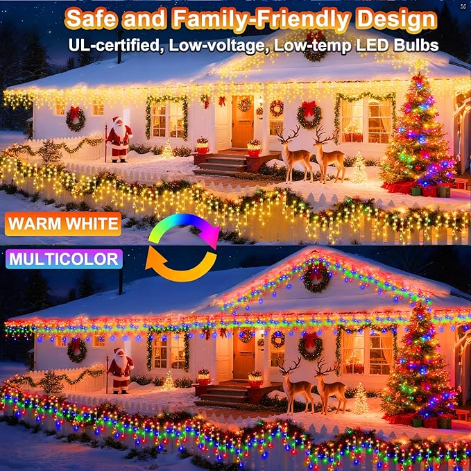KNONEW Christmas Lights Outdoor Color Changing 400 LED 33ft 11 Modes Curtain Fairy String Light with 75 Drops, Clear Wire LED Lights for Wedding Party Holiday Christmas (Warm White to Multicolor)