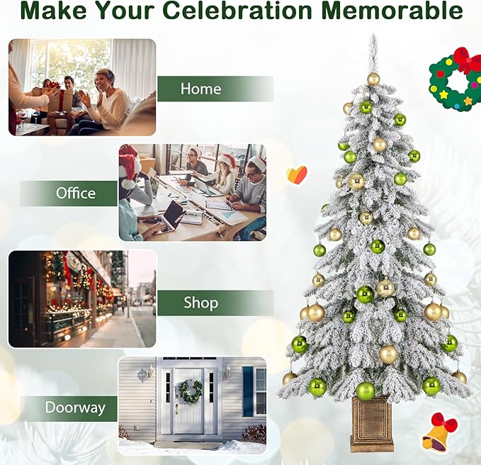 GOFLAME 6FT 2 Pack Potted Artificial Christmas Tree, Snow Flocked Xmas Tree with 589 Branch Tips, 48 Decorative Balls & Vintage Flowerpot, Hinged Holiday Decoration Tree for Home Party Entrance