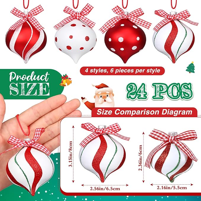 Syhood 24 Pcs Christmas Tree Ornaments, Christmas Ball Decorations Set, Shatterproof Baubles Xmas Tree Hanging Decor, Peppermint Candy Ball Red White Green Stripes Party Holiday(Classic,2.56 Inches)